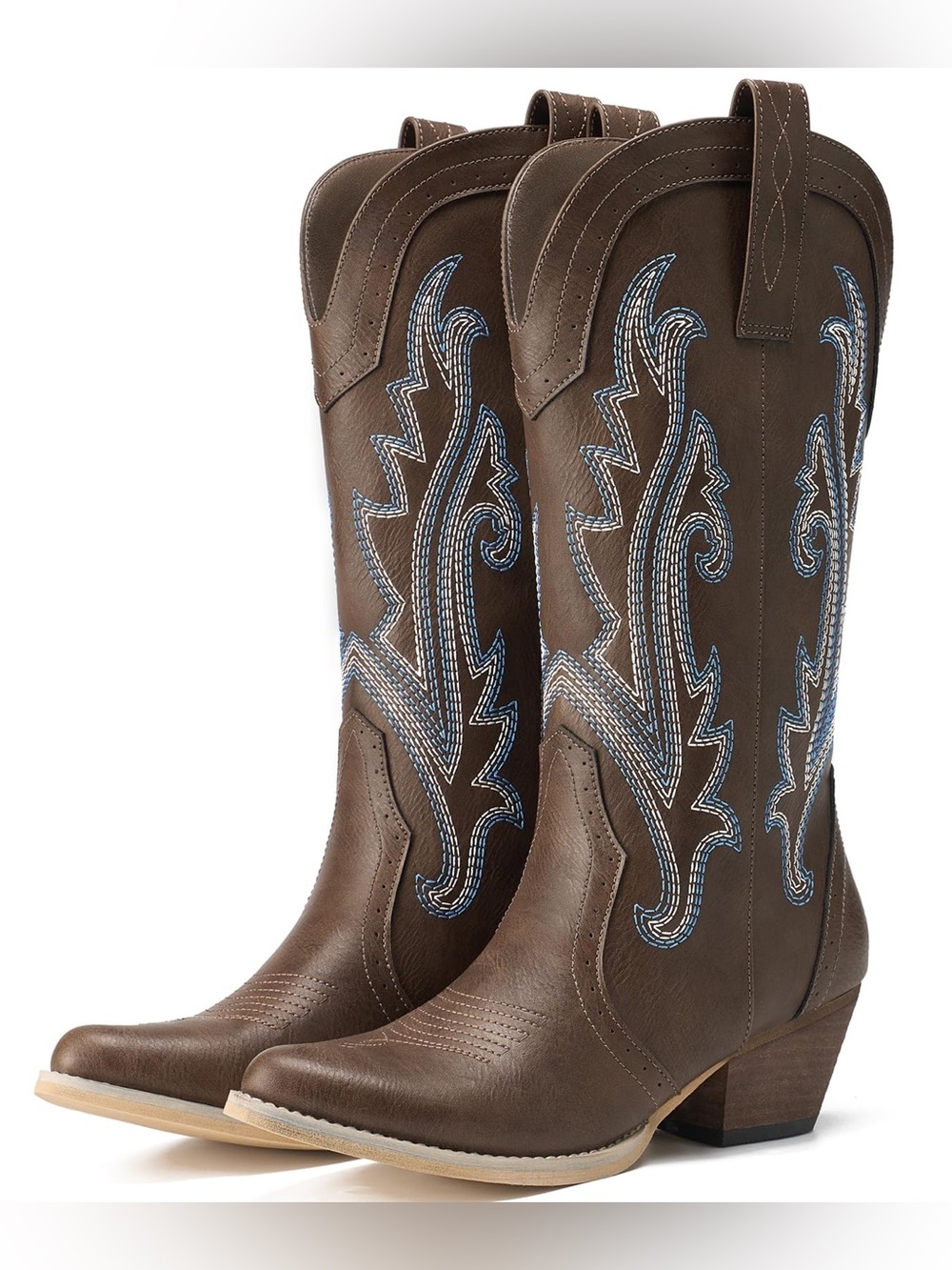 Faux Leather Brown Embroidered Pointy Cowgirl Calf High Pull On Western Boots
